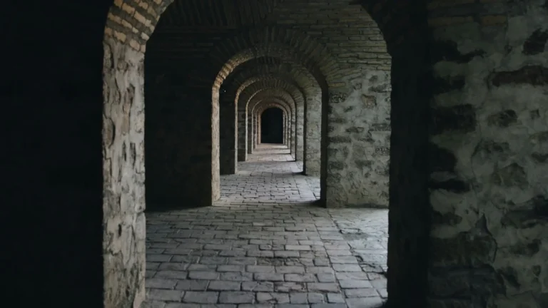 Serie di archi oscuri immersi nelle ombre, con un fascio di luce che illumina leggermente il percorso, simbolo di introspezione e scoperta interiore.